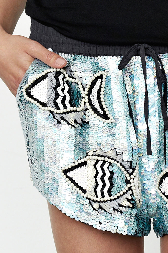 MANÉ | Ava Shorts - We LOVE these shorts! Hand embellished monochrome crepe shorts - subtle disco finish - shimmer - matt black - pearl finish beads - geometric - luxe - modern fish motif - Close up - Mane Virdee