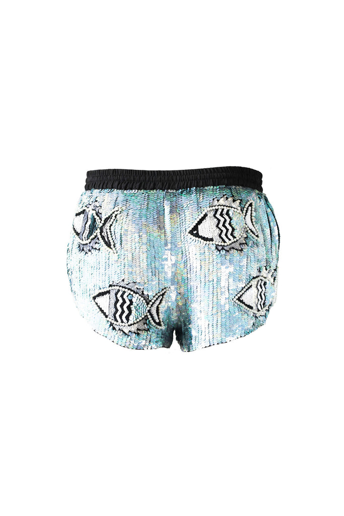 MANÉ | Ava Shorts - We LOVE these shorts! Hand embellished monochrome crepe shorts - subtle disco finish - shimmer - matt black - pearl finish beads - geometric - luxe - modern fish motif - Back - Mane Virdee