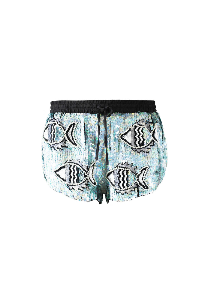 MANÉ | Ava Shorts - We LOVE these shorts! Hand embellished monochrome crepe shorts - subtle disco finish - shimmer - matt black - pearl finish beads - geometric - luxe - modern fish motif - Front - Mane Virdee
