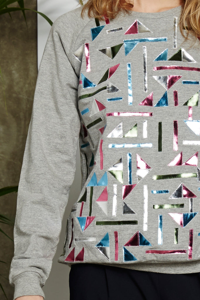 Grey Marl Sweatshirt - metallic - applique- embroidery - pink - silver - blue - green - geometric - hand embellished